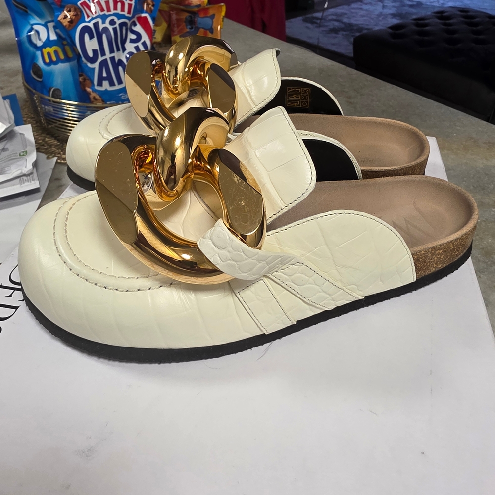 JW ANDERSON Cream Croc-Embossed Leather Mules with Gold Chain
